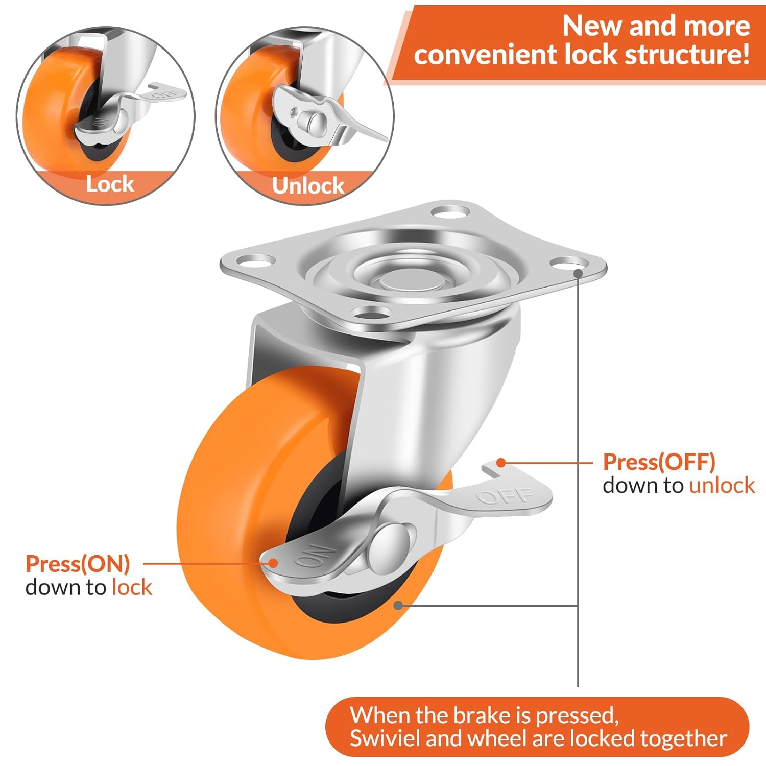 2 Inch Caster Wheels, Casters Set of 8,Heavy Duty Caster with Brake,Top Plate Swivel Wheels Industrial Castors Polyurethane Wheel, Locking Castor for Furniture Carts and Workbench