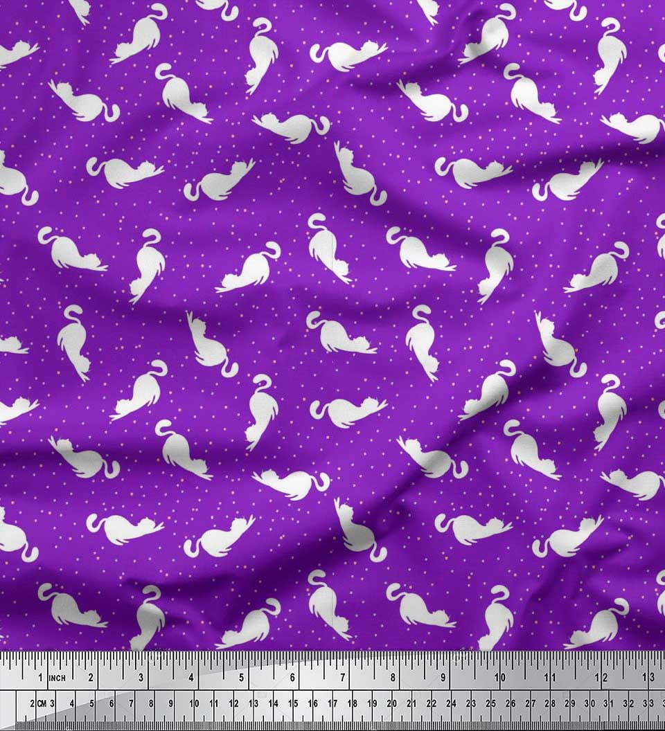 Soimoi Satin Silk Fabric Floral & Cat Animal Print Fabric by the Yard