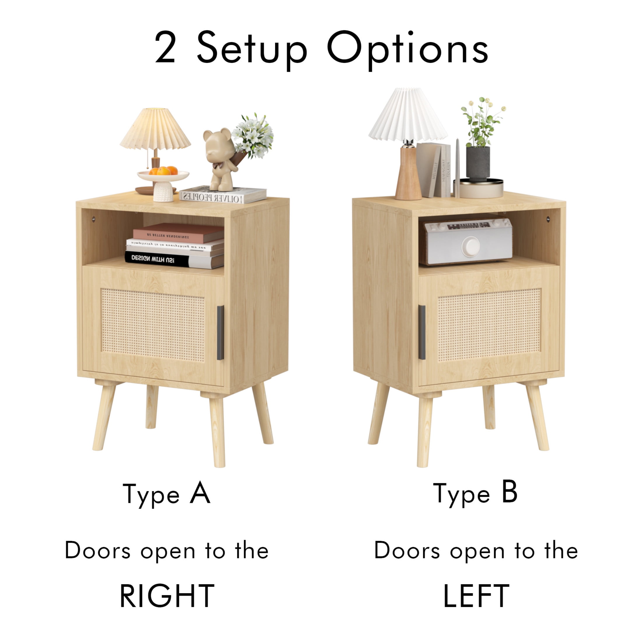 Noble House Samantha 22.8" Rattan Nightstand, Wood Accent Bedside Table with Door and Open Shelf, Oak