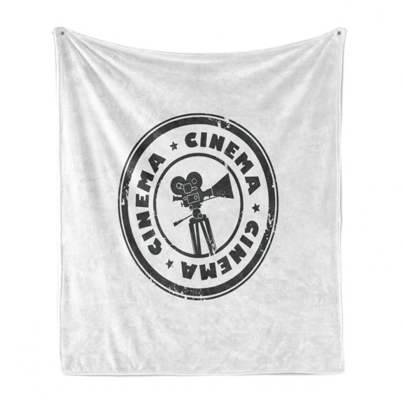 Movie Theater Soft Flannel Fleece Blanket, Abstract Grunge Stamp with Movie Camera and the Word Cinema Inside, Cozy Plush for Indoor and Outdoor Use, 70" x 90", Charcoal Grey White, by Ambesonne