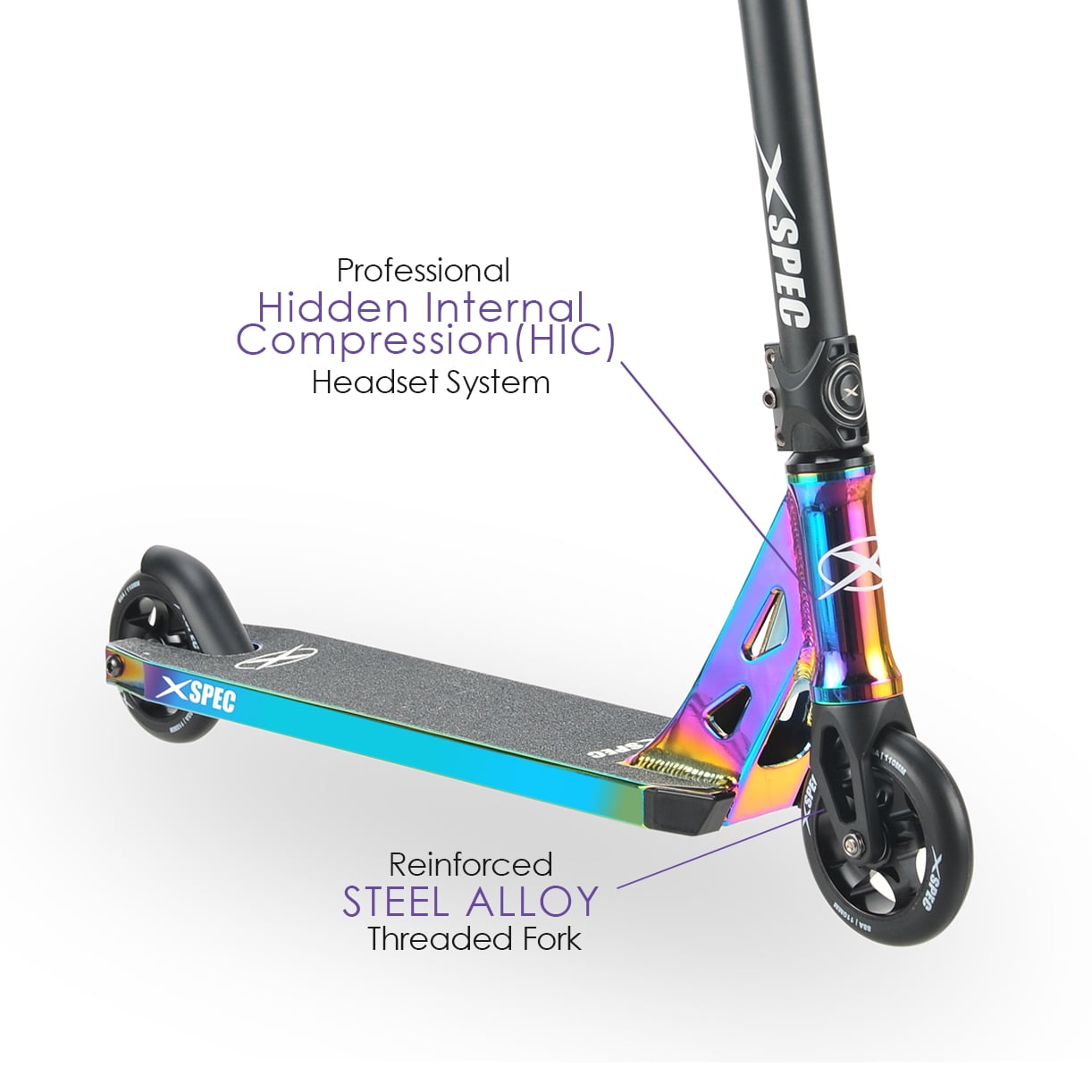 Xspec Oil Slick Neo Chrome Pro Stunt Kick Scooter, Rainbow Trick