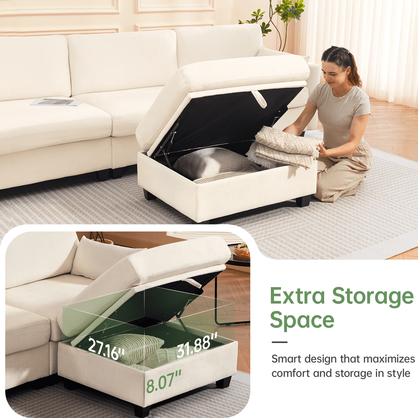 109" Modular Sectional Sofa Sleeper Bed with Storage Ottoman, Oversized Deep Seat Cloud Couch with Movable Ottomans, Convertible 4-Seat L-Shaped Sofa for Living Room or Apartment (High Legs 3.15")