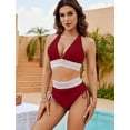 thumbnail image 3 of Women High Waisted Bikini Sets Tummy Control Swimsuits Color Block Two Piece Drawstring Bathing Suit Size M, 3 of 10
