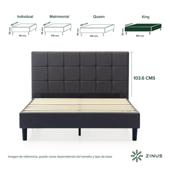 Base de Cama con Cabecera King Size Zinus Leo Tapizada Color Gris. Fácil Armado, para Todas las Edades.