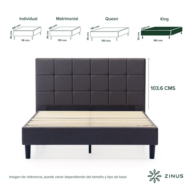 Base de Cama con Cabecera King Size Zinus Leo Tapizada Color Gris. Fácil Armado, para Todas las Edades.