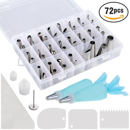 - Rackaphile 72-Piece Cake Decorating supplies Kit with Case, 44 Stainless Steel Piping Tips 20 Disposable Pastry Bags 2 Reusable Silicone Bags 2 Couplers 3 Cake Scrapers 1 Flower Nail