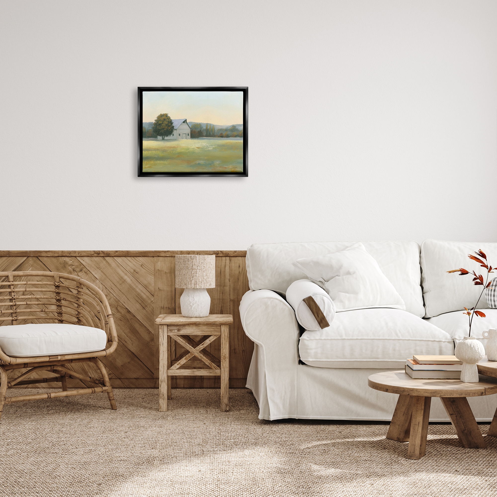 Stupell Industries Rural Countryside Cottage Nature Painting Black Floater Framed Art Print Wall Art, 21 x 17