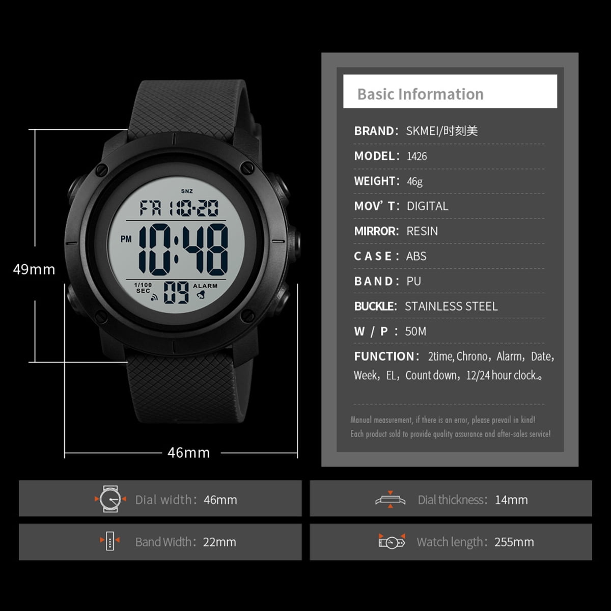 SKMEI 1426 Digital Movement Men Watch 5ATM Waterproof EL Backlight Outdoor Sports Wrist Watch Week Month 12 24 Hours Alarm Countdown Stopwatch