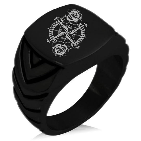 Stainless Steel Nautical Floral Rose Compass Chevron Pattern Biker Style Polished Ring