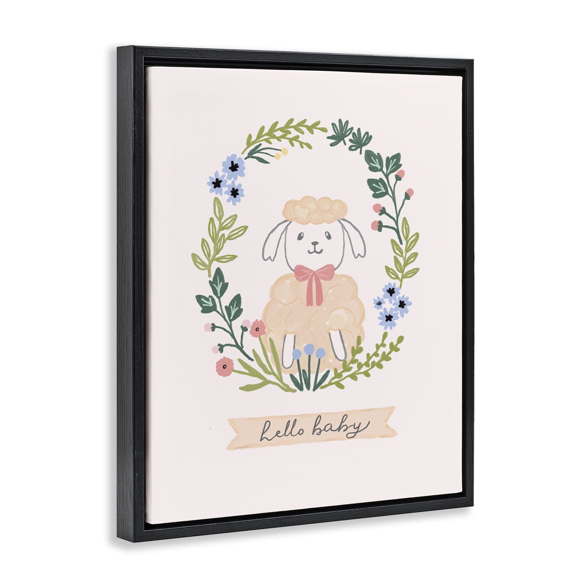 Stupell Industries Hello Baby Floral Lamb Animals Painting Black Floater Framed Canvas Art Print Wall Art, 17 x 21