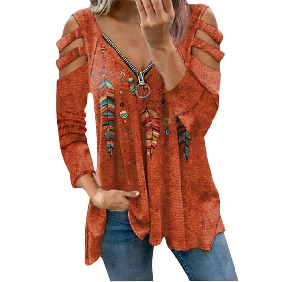 Fesfesfes Women Tunic Tops Printed Long Sleeve Tops V-Neck Zipper Casual Tops T-shirt
