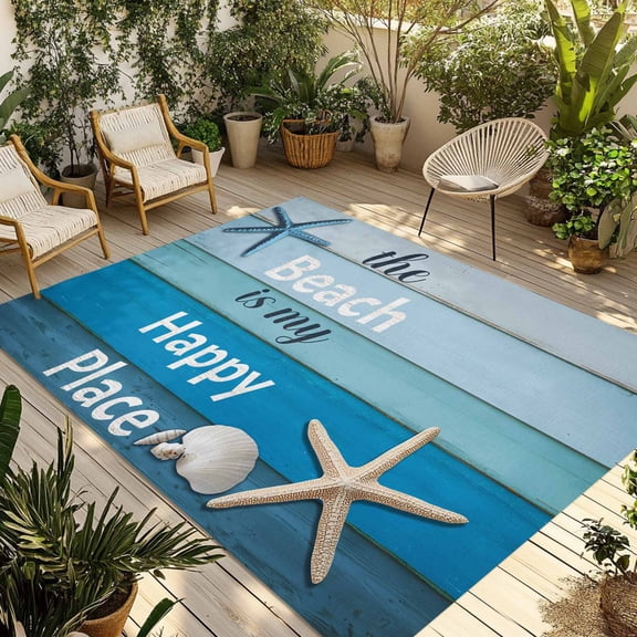 Blue Ombre Coastal Outdoor Rug 3x5 Ft - Reversible Patio Rug Outdoor Camping Rugs, Nautical Starfish Shell Summer Beach Indoor Outdoor Area Rugs, Non-Slip Outdoor Carpet Runner for Deck/Porch