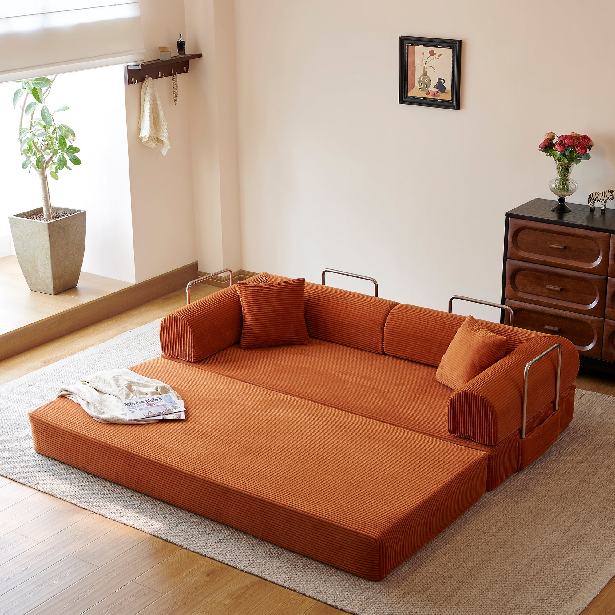 Howcool 79" Boneless Sleeper Sofa Bed, 2-in-1 Pull Out Convertible Loveseat Couch with 2 Throw Pillows, Corduroy Futon Floor Sofa for Living Room, No Assembly Required, Tangerine