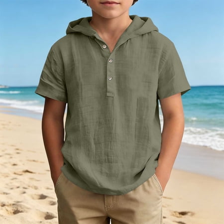 Boys Hooded Henley Short Sleeve Shirt Cotton Blend Regular Fit Army Green Size 7-8T