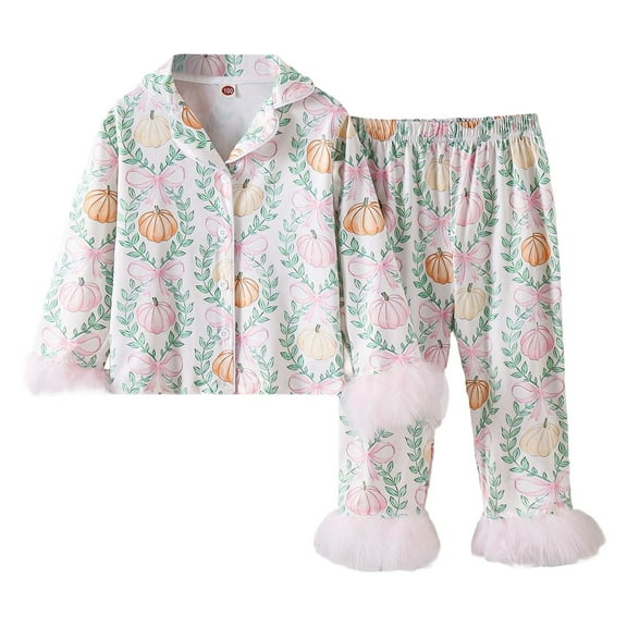FYDUU Toddler Baby Girl Fuzzy Pajamas Set Pumpink&Bow Long Sleeve Button Down Shirt And Pants Holiday Pjs For Kids Loungewear Set Fall Outfits Sleepwear 18-24 Months