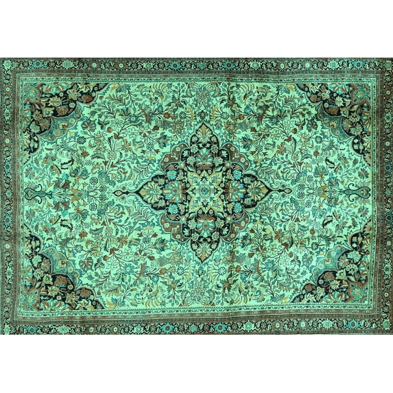 Ahgly Company Machine Washable Indoor Rectangle Medallion Turquoise Blue Traditional Area Rugs, 5' x 7'