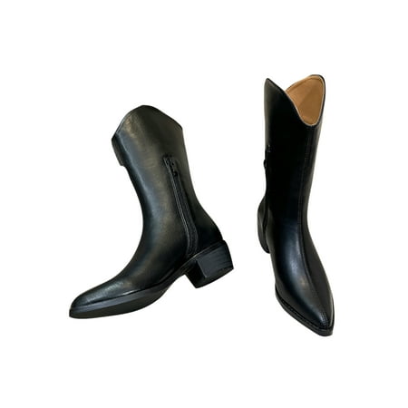 

Ferndule Ladies Western Boot Pointed Toe Cowgirl Mid Calf Riding Boots Casual Zipper Office V Cut Fashion Black Plush Lined 4