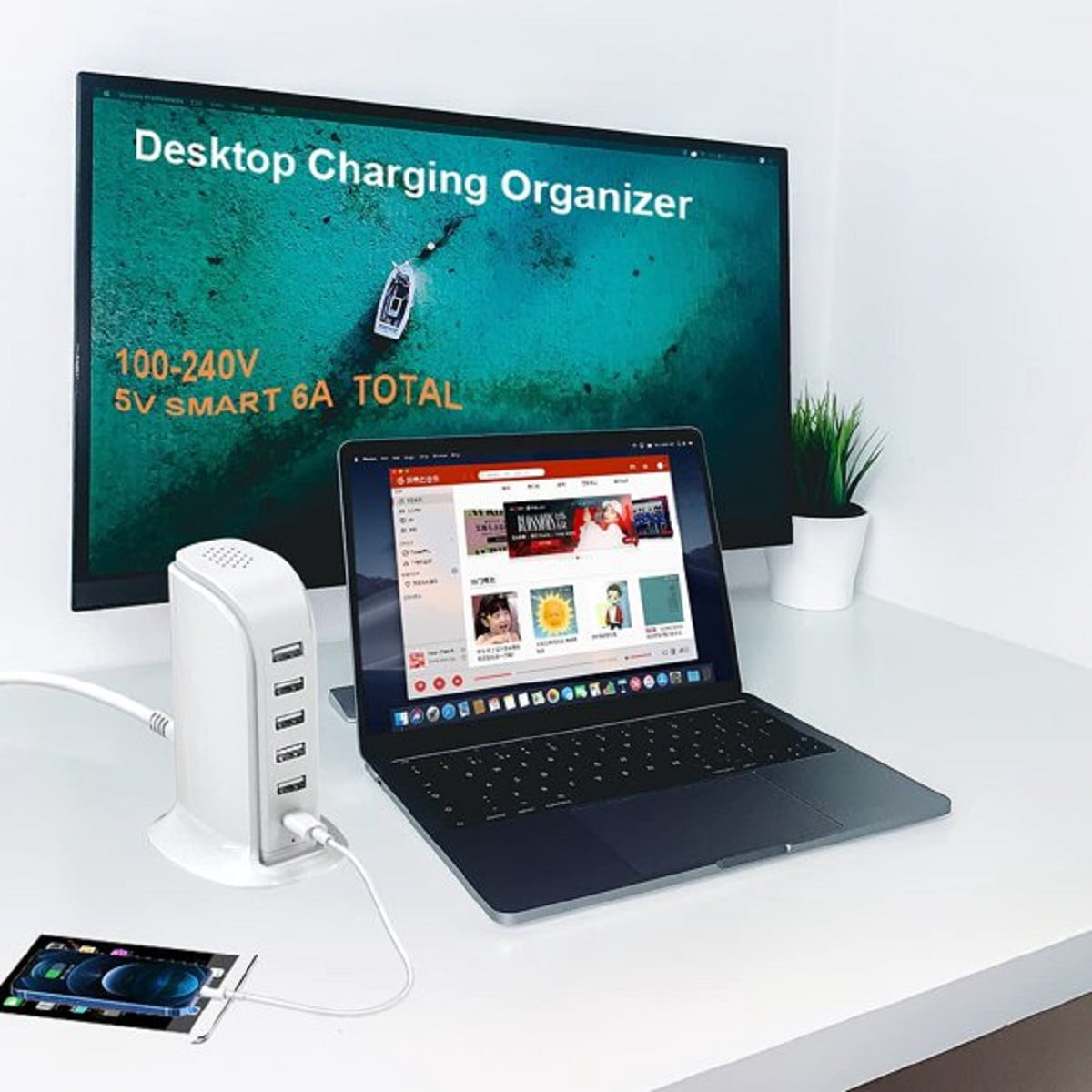 Charging Station for Multiple Devices 40W Upoy, Wall Charger Block 5 USB Ports(Shared 6A), USB Charging Hub Smart IC, Charger Tower with Type-C 3A for iPhone iPad Tablets Smartphones, Home Office Use