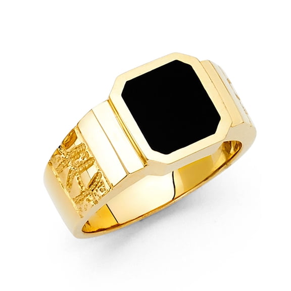 14K Solid Gold Cushion Black Onyx beaten gold finish 13 mm wide Men’s Ring (RS 125)