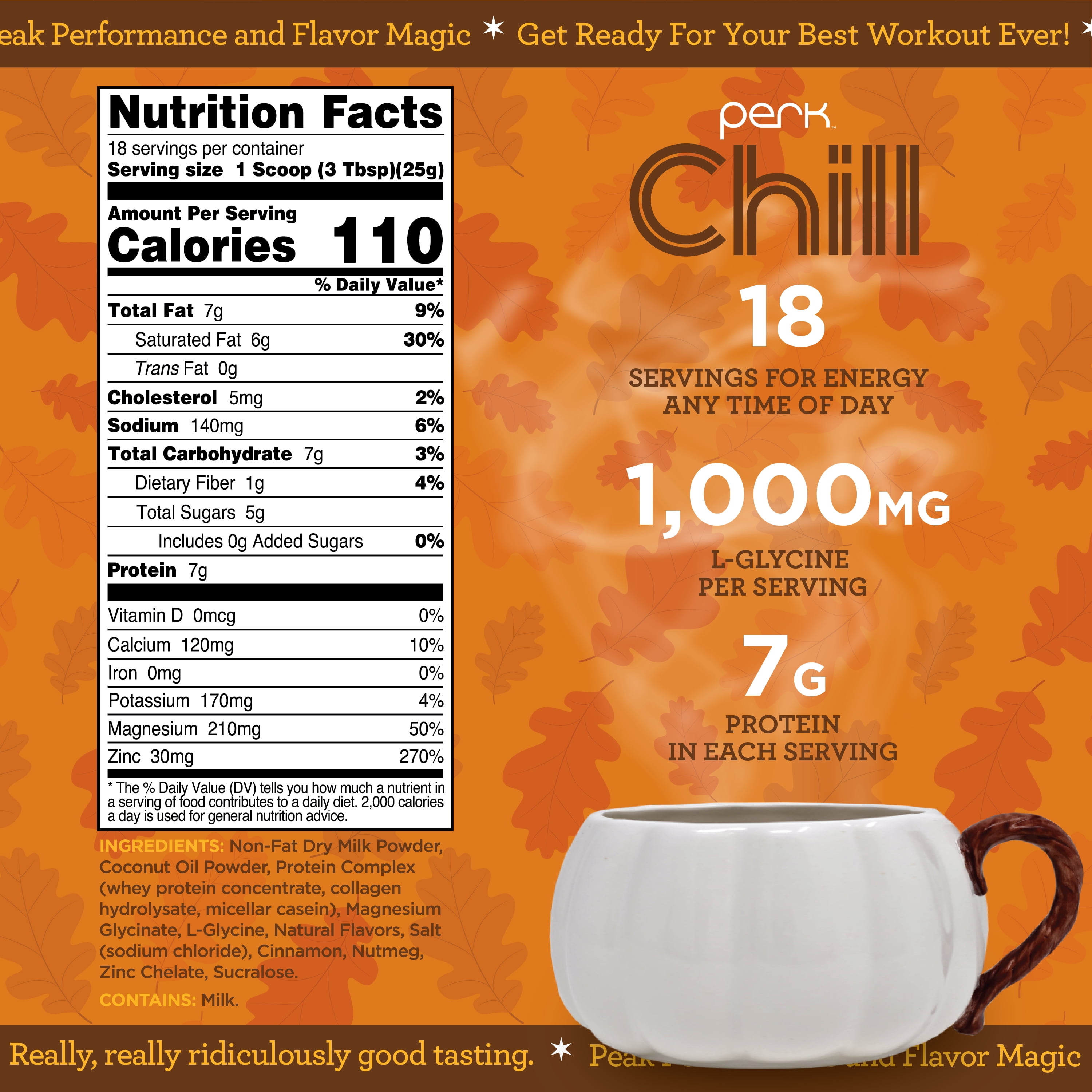 Perk Chill Drink Mix (Pumpkin Spice) 18 Servings – Calming Melatonin-Free Nighttime Sleep Aid Support with Magnesium & L-Glycine, Gluten-Free