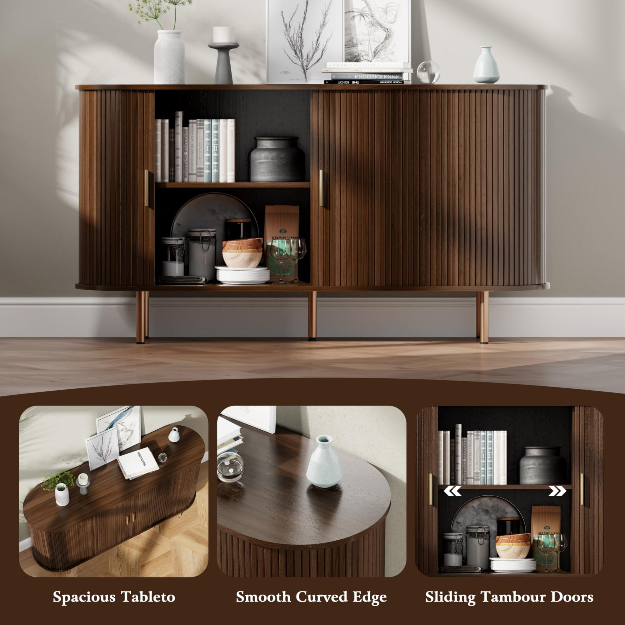 Mid Century Modern Sideboard Buffet Cabinet, 55 Inch Fluted Coffee Bar Console with Tambour Sliding Doors, Coffee