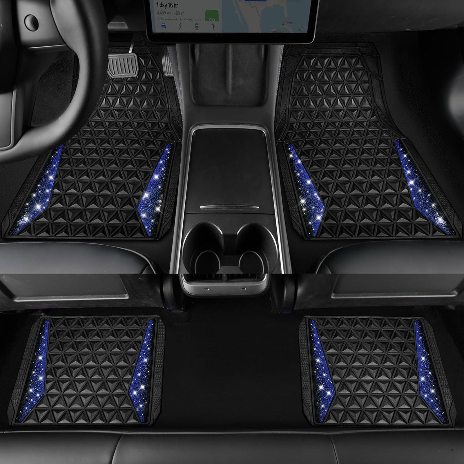 CAR GRAND Bling diamond rubble automotive floor mats full set anti-slip water proof universal fit glitter crystal sparkly shining rhinestone girl woman lady femal Black blue