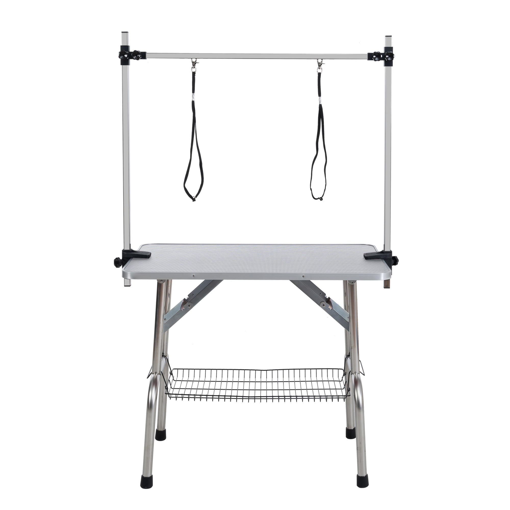 Leumius 42" Folding Pet Grooming Table with Adjustable Arm and Clamps Stainless Steel Frame for Dog and Cat Large Heavy Duty Animal Gray
