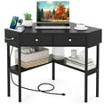 thumbnail image 1 of Giantex  Corner Writing  Desk, 90 Degrees Triangle Desk w/Storage Shelves & Metal Frame, Makeup Vanity Table,for Small Spaces, Black, 1 of 8