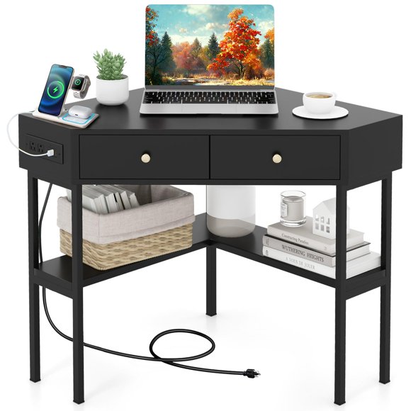 Giantex Bureau d'Écriture d'Angle, Bureau Triangulaire à 90 Degrés avec Étagères de Rangement et Cadre en Métal, Coiffeuse, pour Petits Espaces, Noir