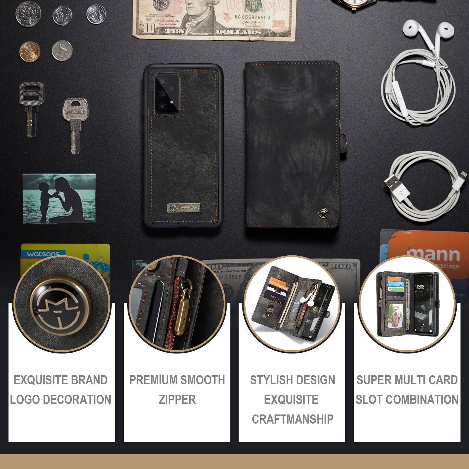 Samsung Galaxy A53 5G Wallet Case for Women Men, Dteck Heavy Duty PU Leather Flip Case Detachable Phone Cover with 8 Card Slots Zipper Purse with Wrist Strap for Samsung Galaxy A53 5G,Black