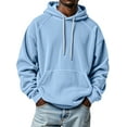 thumbnail image 2 of Men’s Ribbed Knit Pullover Hoodie Long Sleeve Drawstring Hooded Sweatshirt Casual Relaxed Fit Kangaroo Pocket Top Light Blue L, 2 of 4