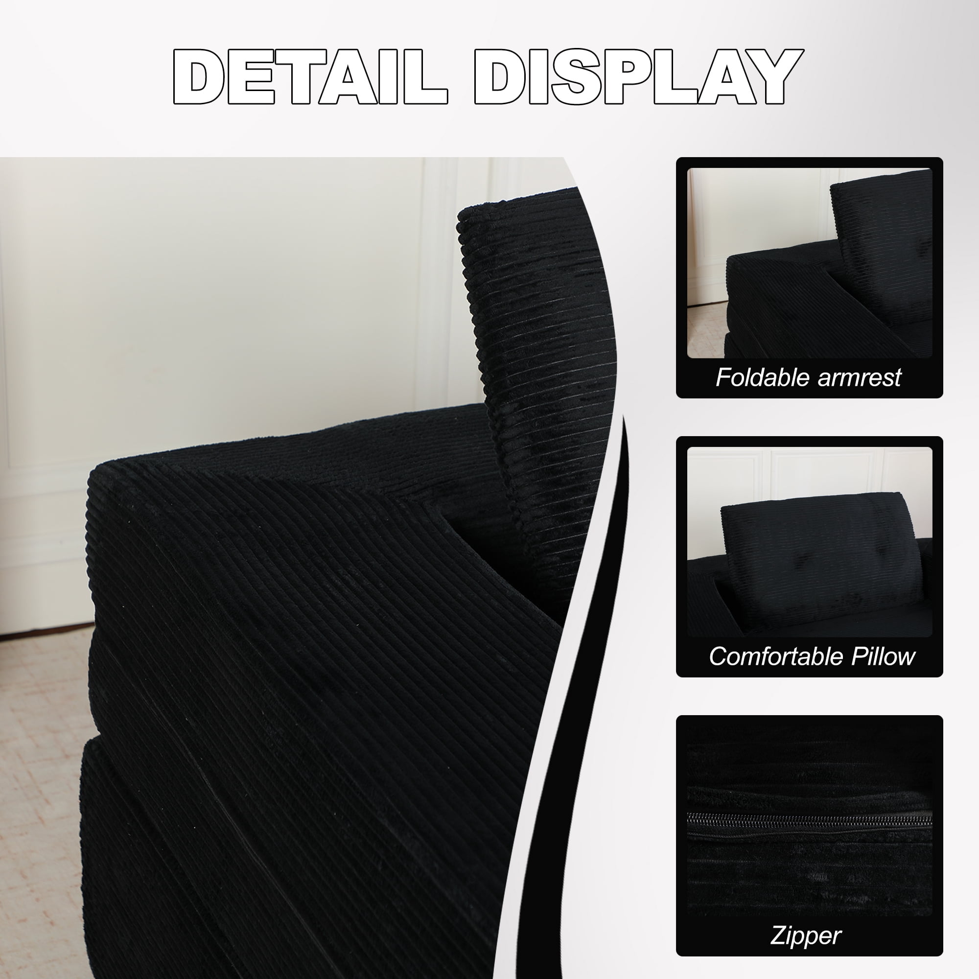 Leumius Single Sofa Bed with Pillow,Boneless Folding Sofa Bed for Living Room Bedroom,No Assembly Required,Black