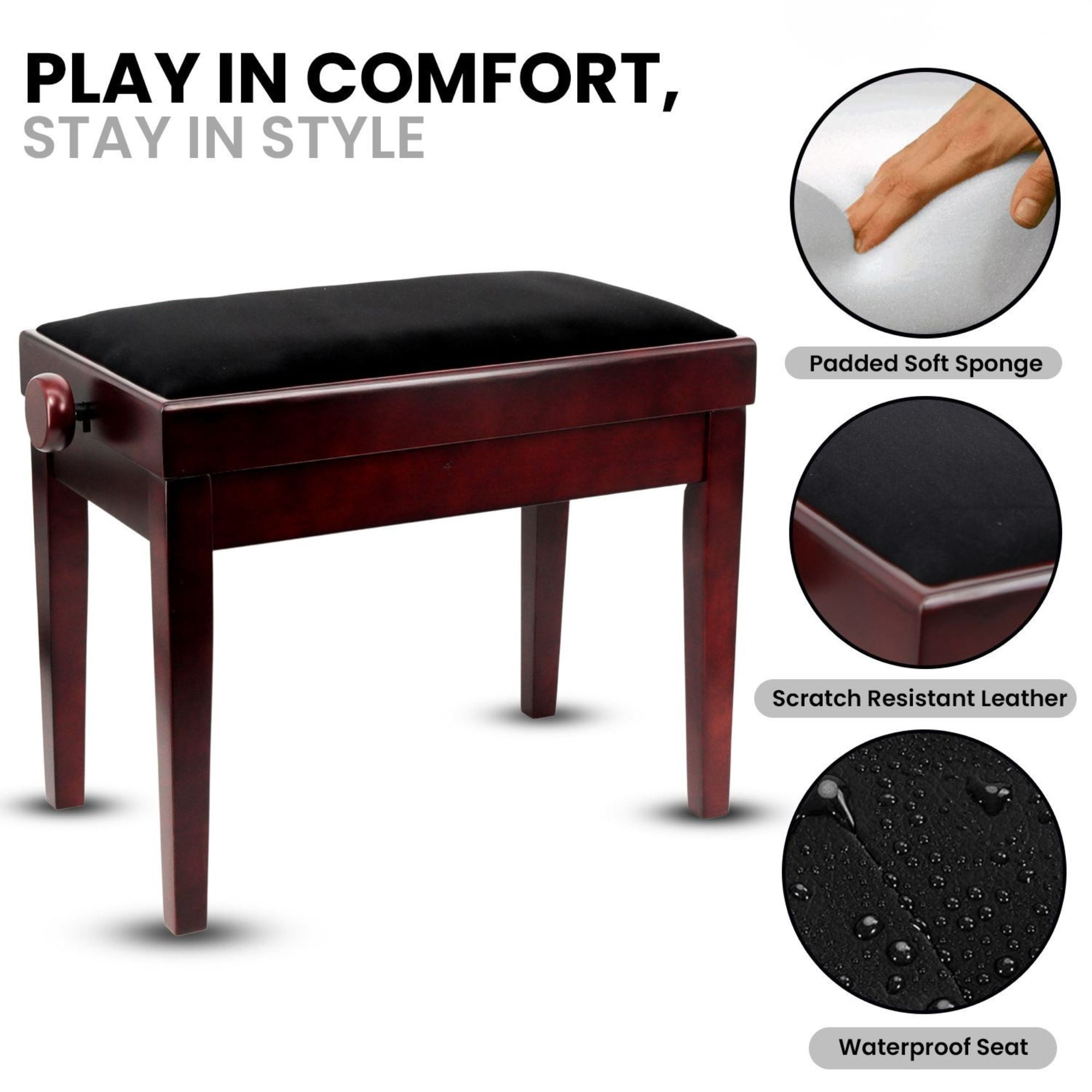 Adjustable Piano Bench - Padded Solid Wood Keyboard Stool (18"-22") - Brown