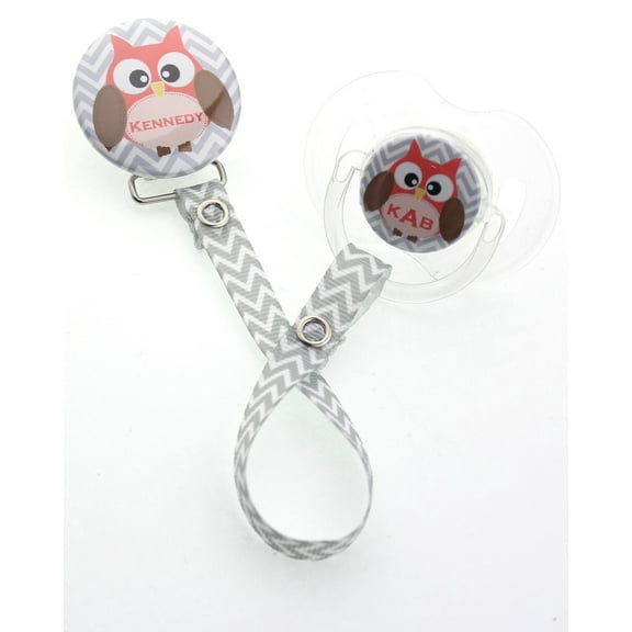 Personalized Name and/or Monogram Grey Chevron with Owl Pacifier Clip