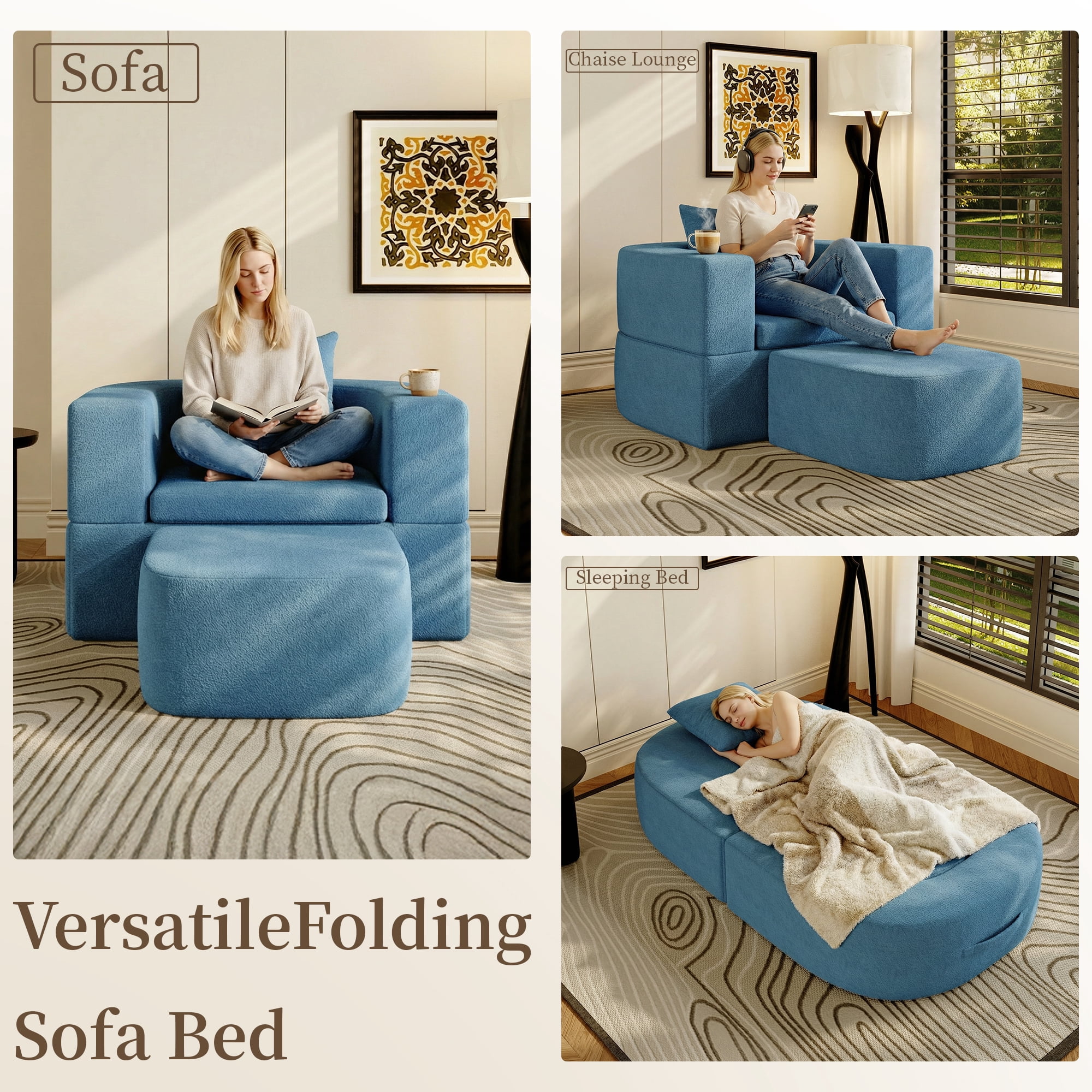 The Magic Home 41" Futon Sofa Bed Teddy Fleece Futon Couch Convertible Sleeper Floor Sofa Bed Upholstered Couch Reading Chair for Living Room, Blue Couch, No Assembly