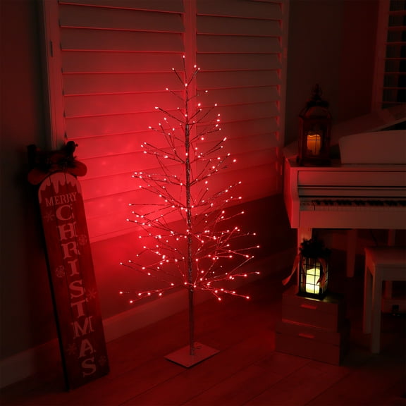 Alpine Corporation 60/68-Inch Silver Christmas Tree with Red LED Lights