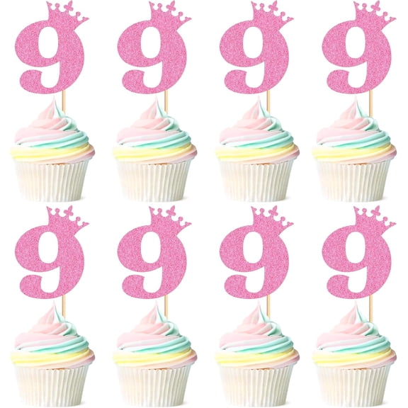 10pcs Number 9 Cupcake Toppers 9th Birthday Cupcake Toppers Pink Glitter Number 9 Cupcake Picks Cheers to 9 Years Old Decorations for Baby Shower Anniversary Party Cake Supplies