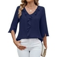 thumbnail image 5 of TEMOFON Summer Tops for Women Casual Ruffle V Neck 3/4 Sleeve Blouses Comfy Chiffon Loose Fit Blouses Solid Color Tee Shirts, 5 of 5