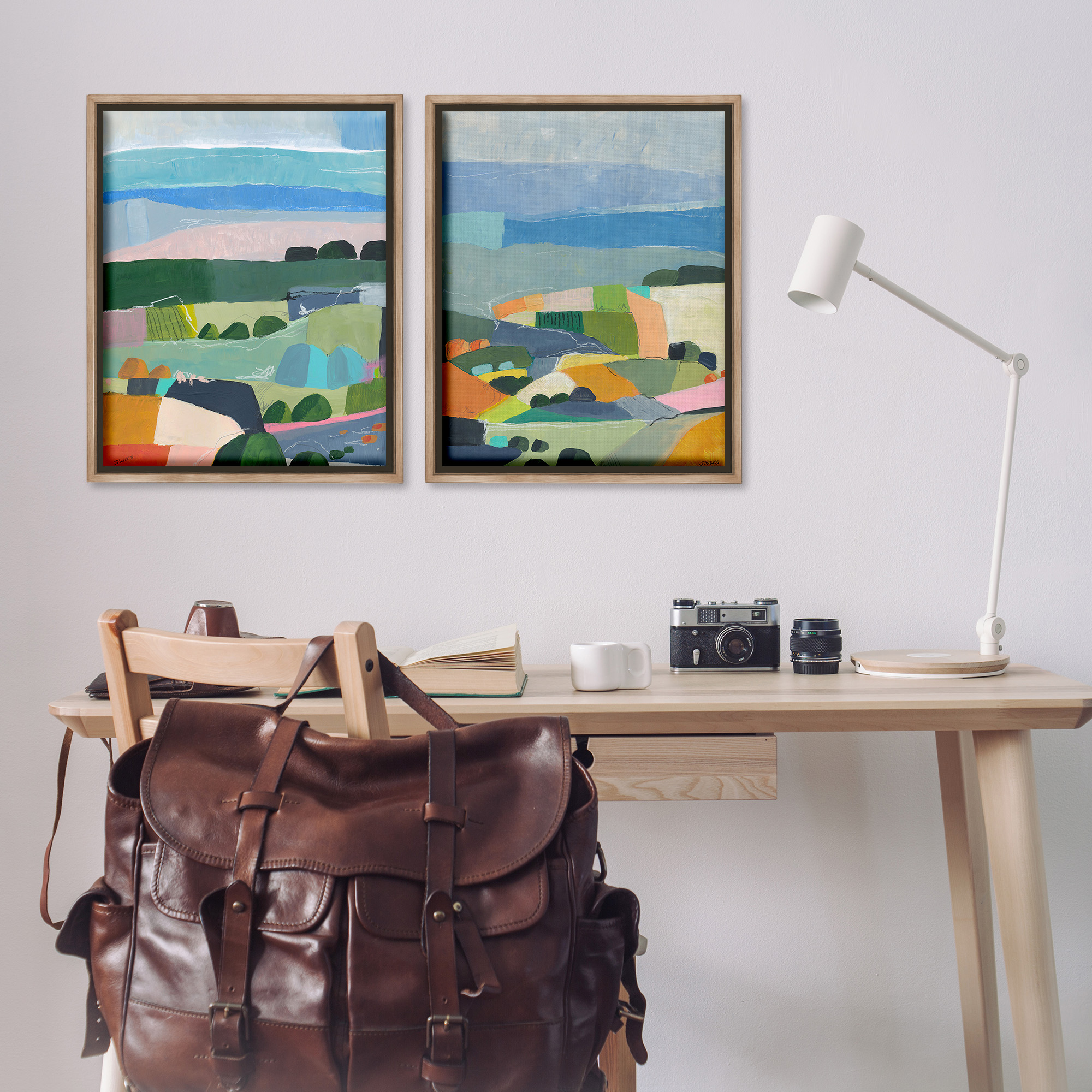 Stupell Industries Modern Farmland & River Landscape Painting Brown Floater Framed Canvas Art Print Wall Art, 25 x 31, Set of 2
