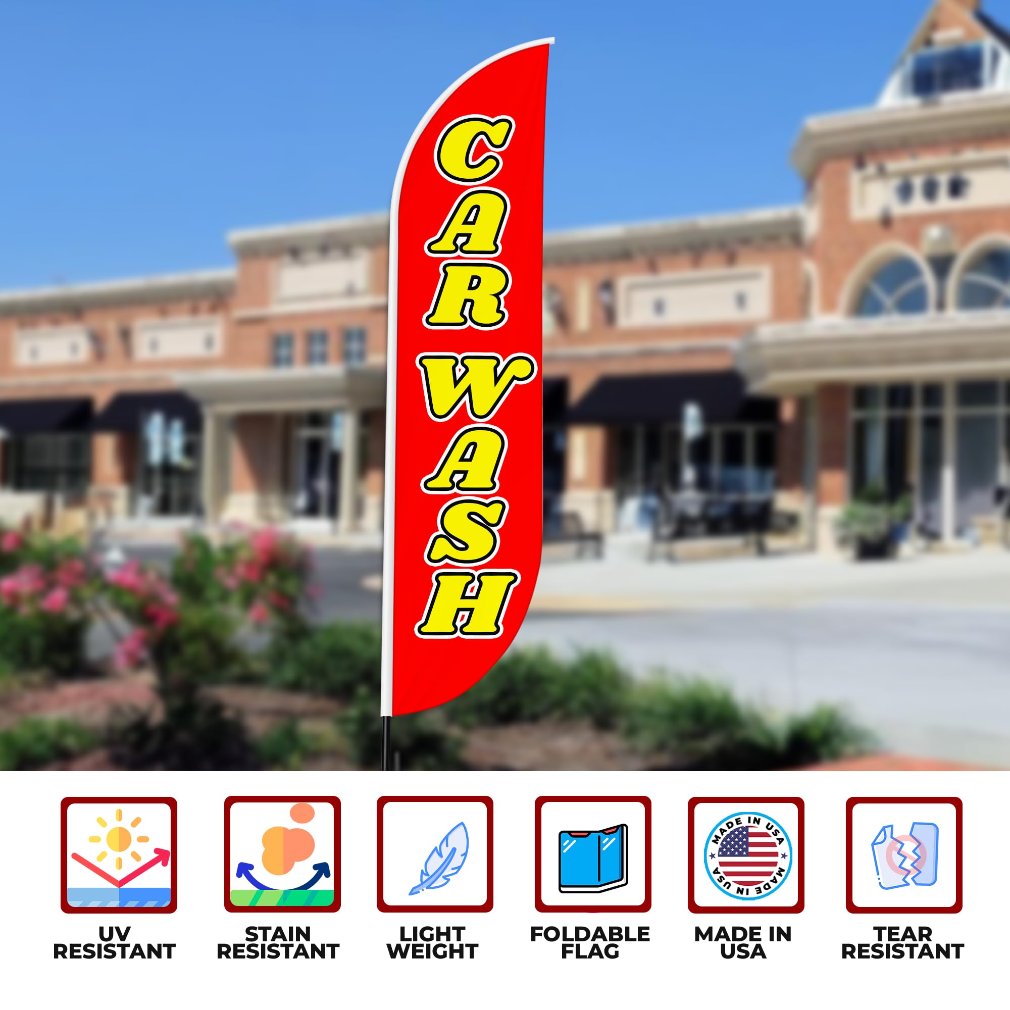 Car Wash Sign feather flag for Outdoor by Mavis Printing | 11.5 FEET Long Polyester Outdoor Banner Flag for Easy Hang | HD Print Swooper I Flag Only to Advertise Car Business| Made in USA I Flag Only