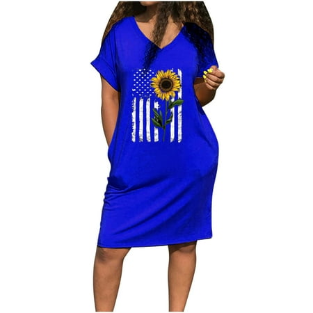 

Mrat Womens Dress Shoes Short Sleeve V-Neck Dress Ladies Casual Fashion Printed Pocket Short Sleeve V-Neck Dress Elegant Dresses Evening Party Blue S