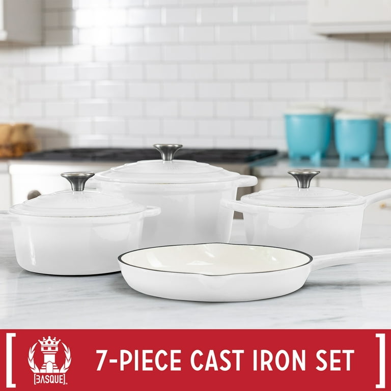 Basque Enameled Cast Iron Cookware Set, 7-Piece Set (Blanc), Nonstick,  Oversized Handles, Oven Safe; Skillet, Saucepan, Small Dutch Oven, Large  Dutch