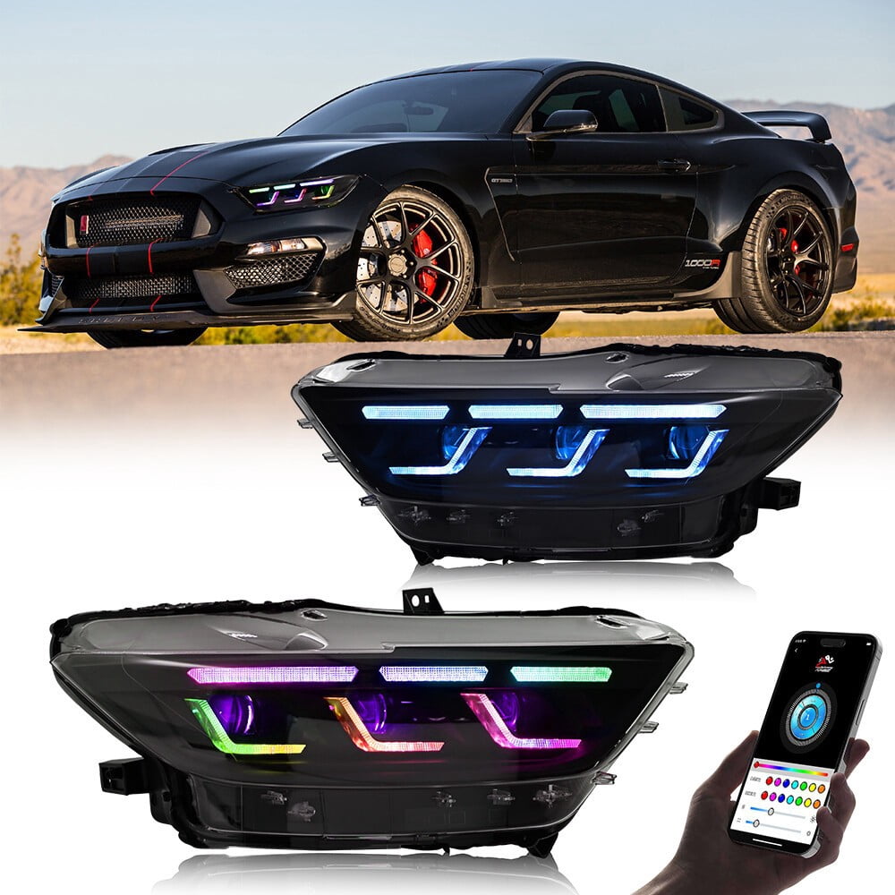 Woudy Pair RGB LED Headlights for Ford Mustang 2015 2016 2017 Head Front Lamp