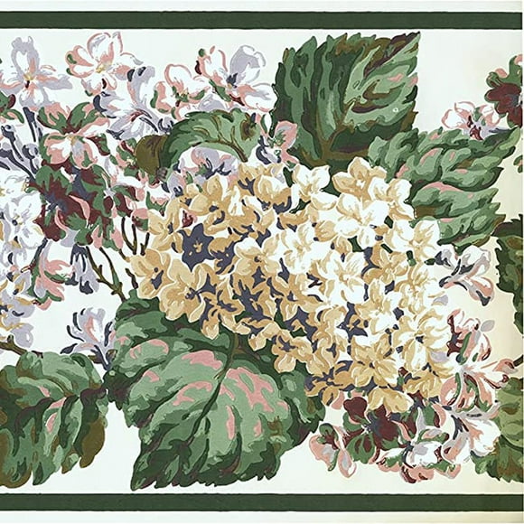 Concord Wallcoverings Floral Wallpaper Border Leaves Flowers Hydrangea Design for Living Room and Kitchen, Green Purple Beige, Size 10.25 Inches x 15 Feet AD6940B