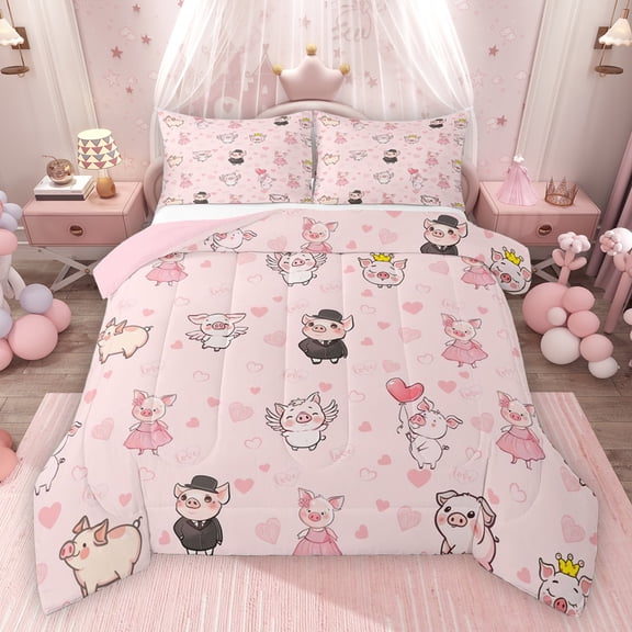 Feelyou Kawaii Angel Pig Bedding Comforter Set for Child, Cute Princess Twin Comforter Sets, Girly Pink Cartoon Animal Reversible Bedding Set, Breathable Home Decor, 2 Pieces
