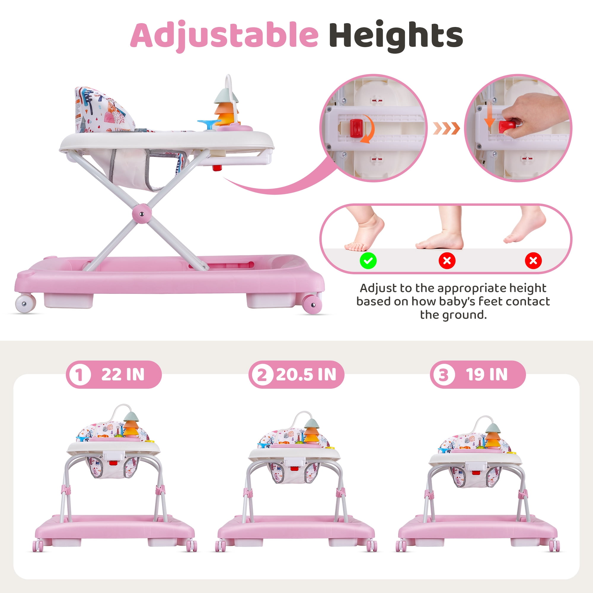 Babyeap Baby Walker,Foldable Baby Activity Walker with Wheels,Toddler Activity Centers,Removable Toys,Ages 6-15 Months,Pink