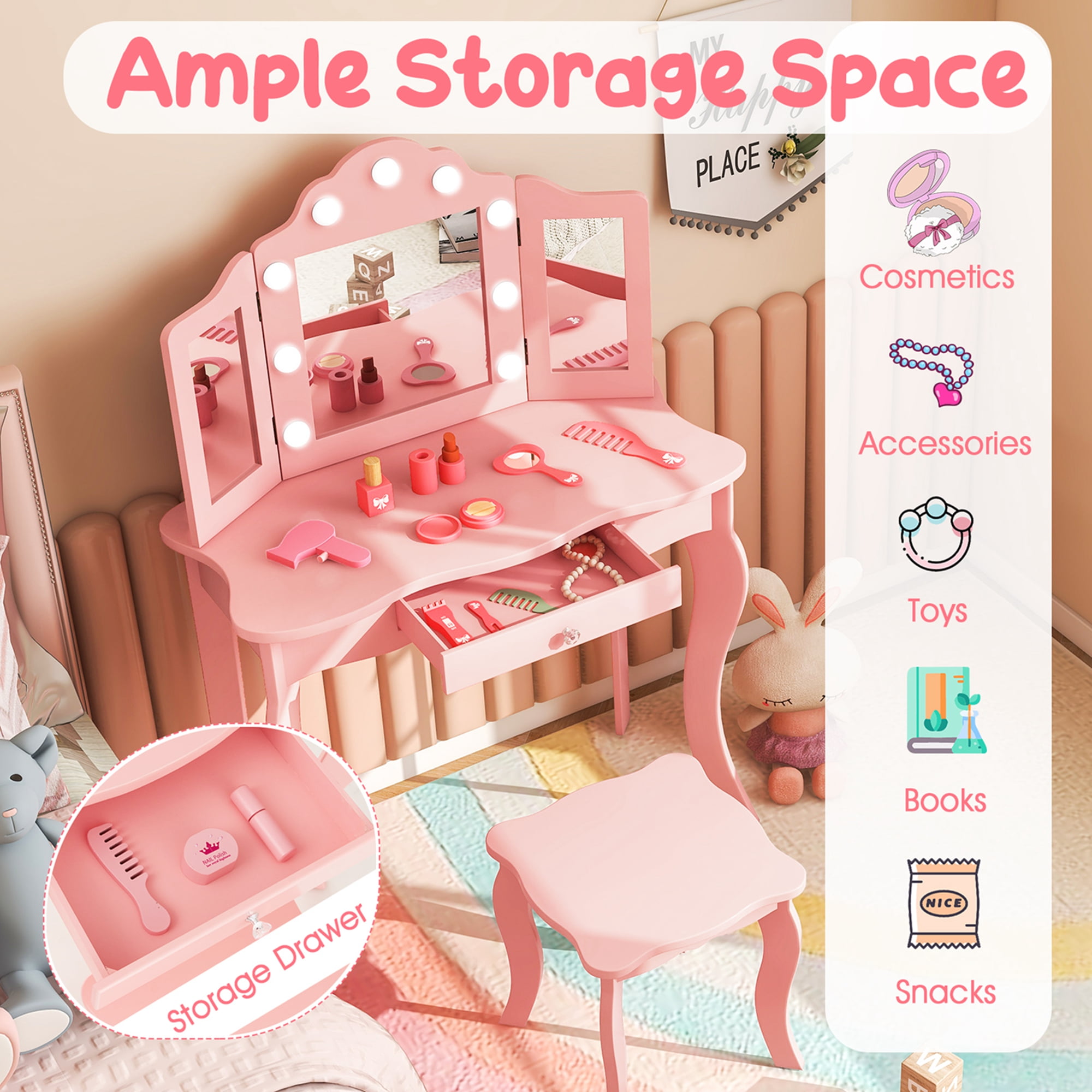 Costway Kid Vanity Table Stool Set Tri-Folding Mirror Adjustable 3-Color LED Lights Pink