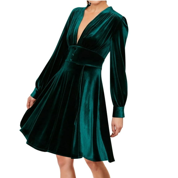 Efsteb 2025 Dresses for Women Trendy Fall V-Neck Velvet Dress Long Sleeve Waist Wedding Guest Formal Dress (Green,XXL)