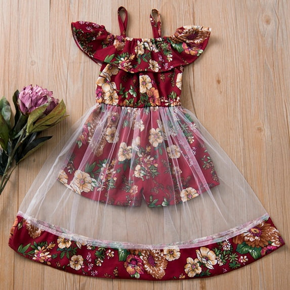 URMAGIC Summer Toddler Baby Girls Retro Floral Short Jumpsuit with Tulle Skirt Boho Dress