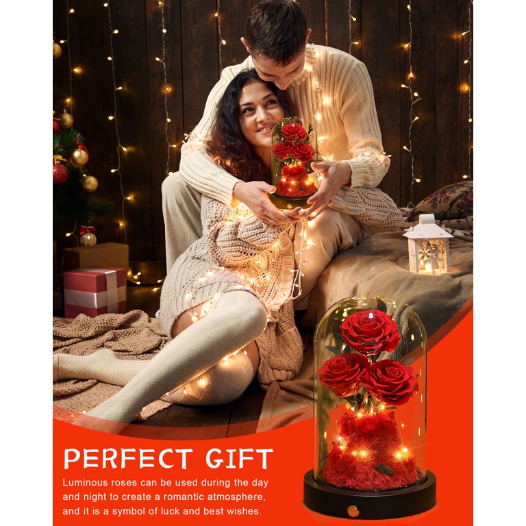 Quimoy Preserved Roses In Glass Dome With LED Lights - Real Flowers Last 3-5 Years, Gift For Women